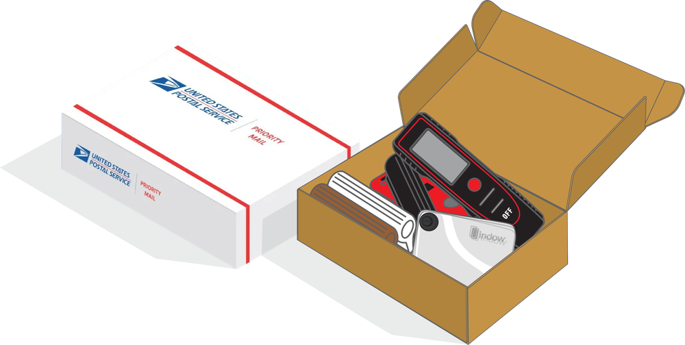 Diagram of the USPS return label and return box for the Laser Measuring Kit.